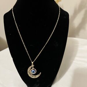 Gold Crescent Moon Necklace with Blue Eye Pendant